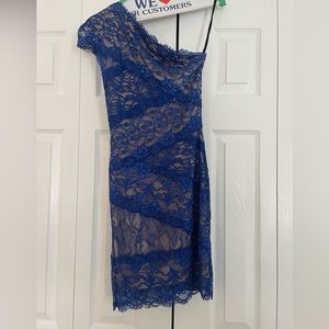 Bebe lace off the shoulder bodycon mini dress in royal blue. Size XS.